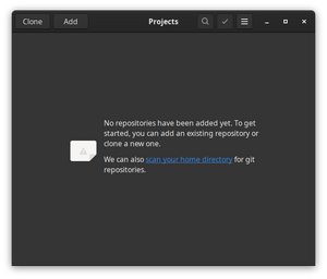 Screenshot of gitg first screen showing empty projects list